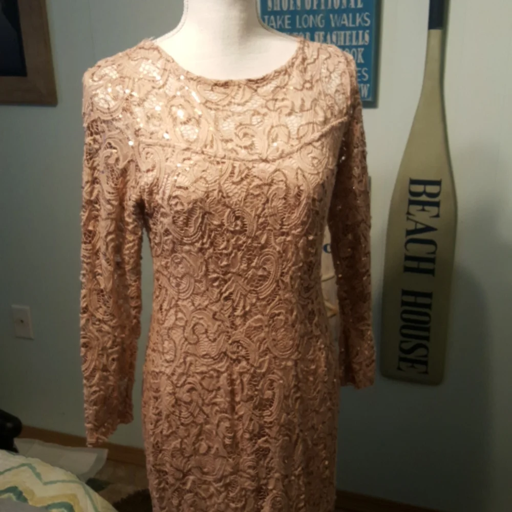 Marina Sequin Evening Gown Blush Champagne Formal Dress Long Sleeve Maxi Medium